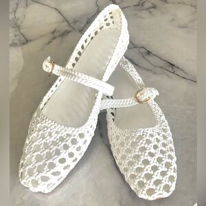 Woven Mary Jane Flats in White with Ankle Strap